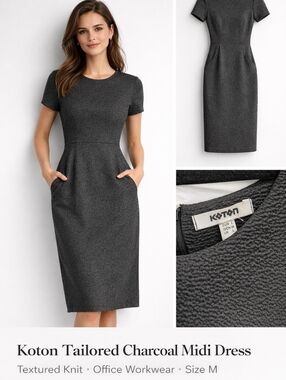 “Koton Tailored Charcoal Midi Dress | Textured Knit | Office / Workwear | Size M